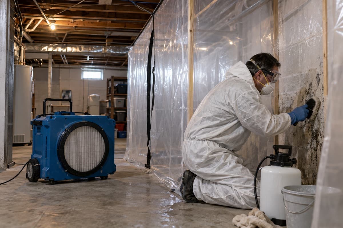 A remediation worker in protective gear scrubs a moldy basement wall inside plastic containment while a HEPA air scrubber runs