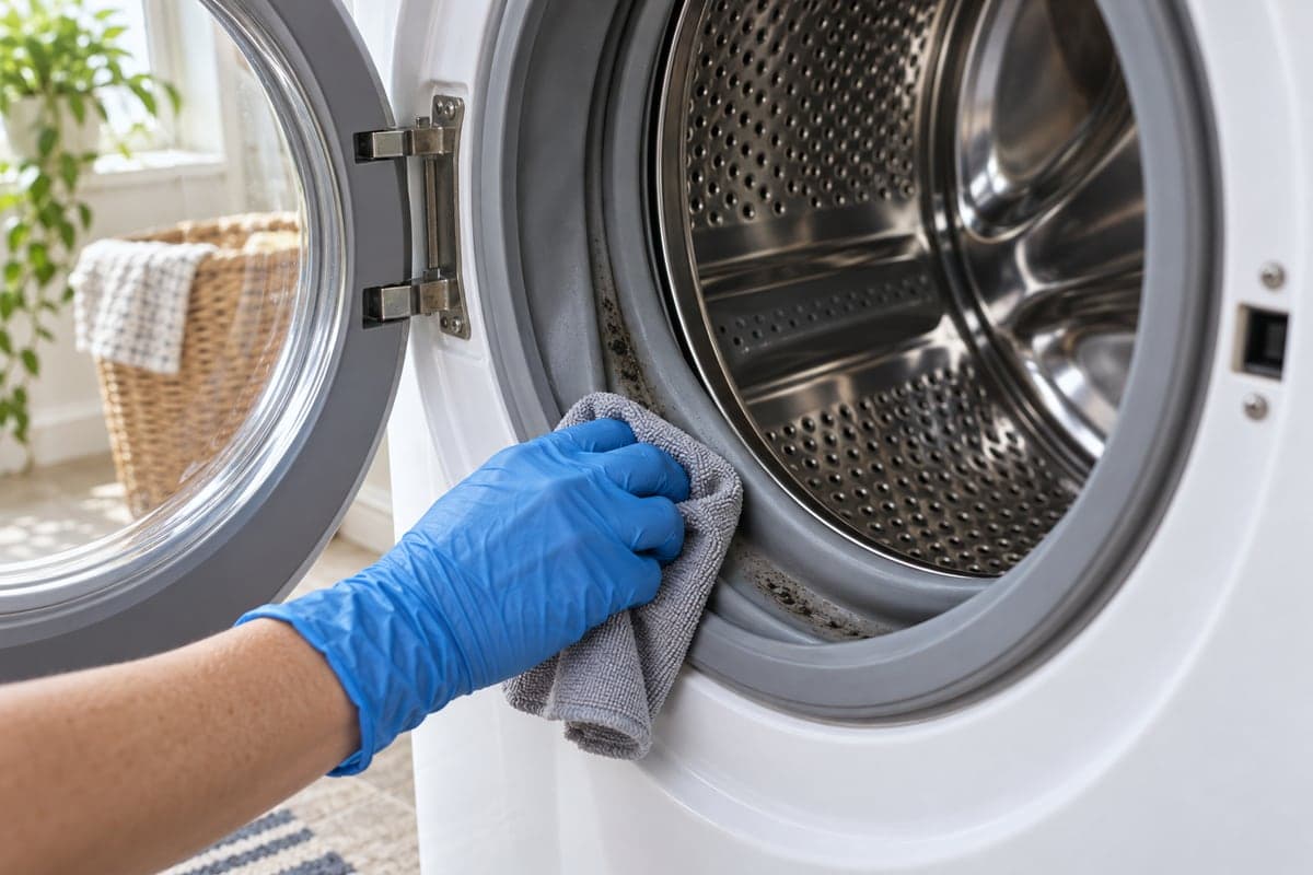 A gloved hand wipes the rubber seal of an open front-loading washing machine with a damp cloth