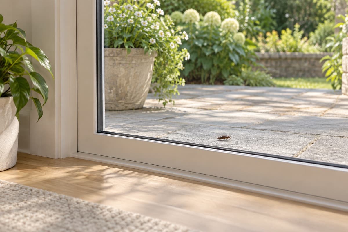 A cockroach outside a closed glass patio door, viewed from the calm interior of a home