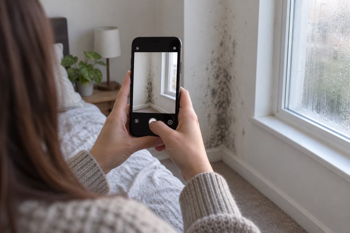 A renter photographs mold spreading in a bedroom corner beside a window with condensation