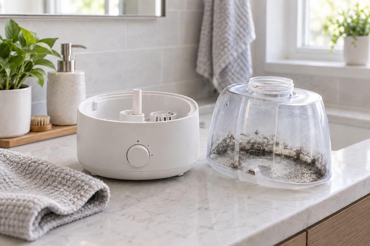 A portable humidifier with its removable tank showing dark mold growth