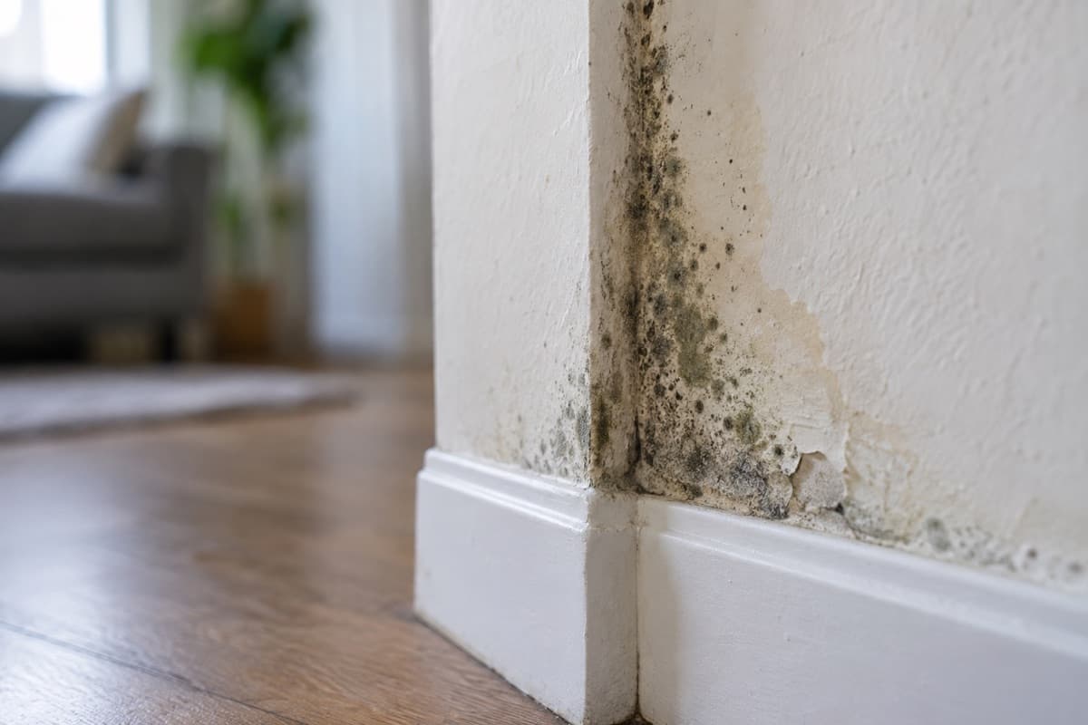 Dark and greenish mold spreading up a damp, water-stained wall corner above a white baseboard