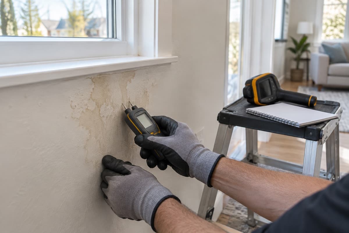 An inspector in work gloves checks a water-stained wall below a window with a moisture meter, with a thermal camera and notebook nearby