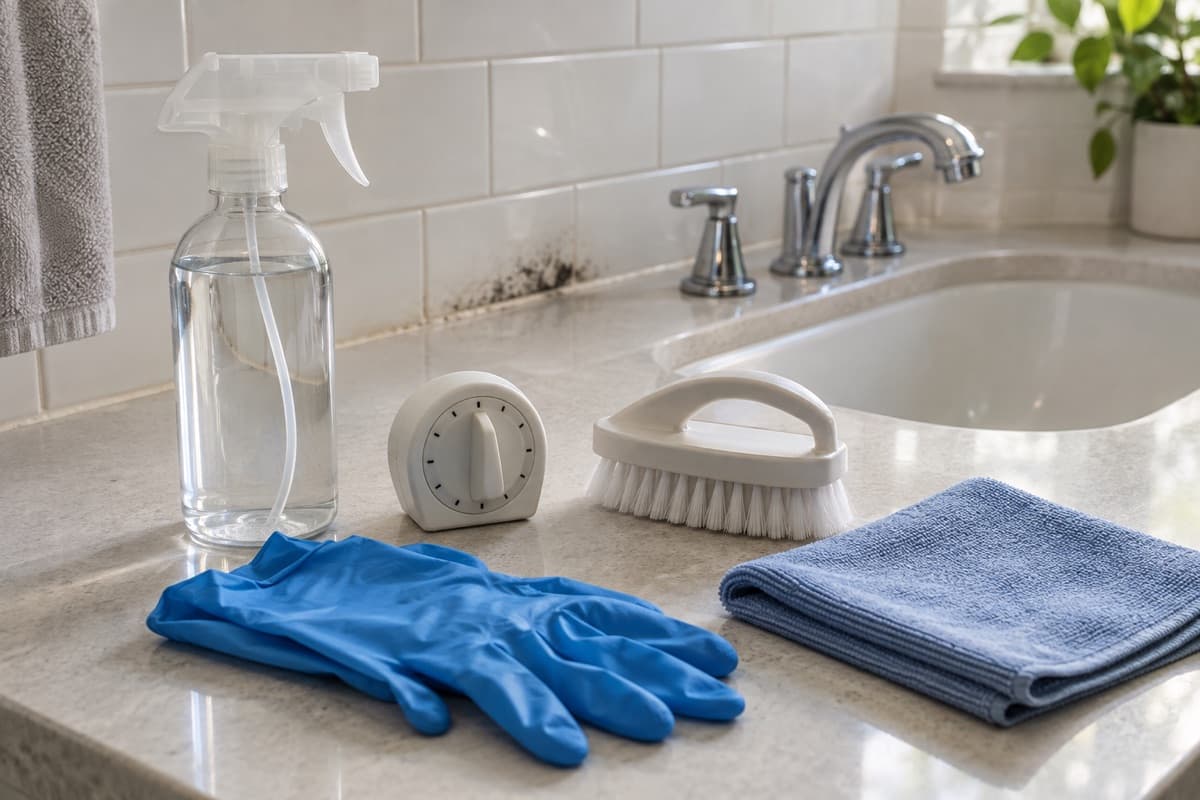 A spray bottle, kitchen timer, scrub brush, gloves, and microfiber towel set out beside a bathroom sink with mildew on the tile backsplash
