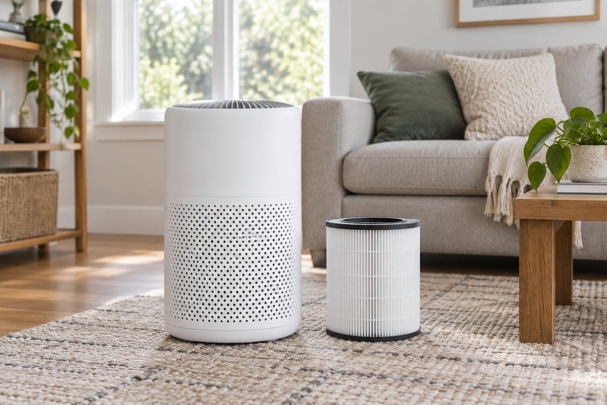 A portable air purifier and a pleated replacement filter in a bright living room
