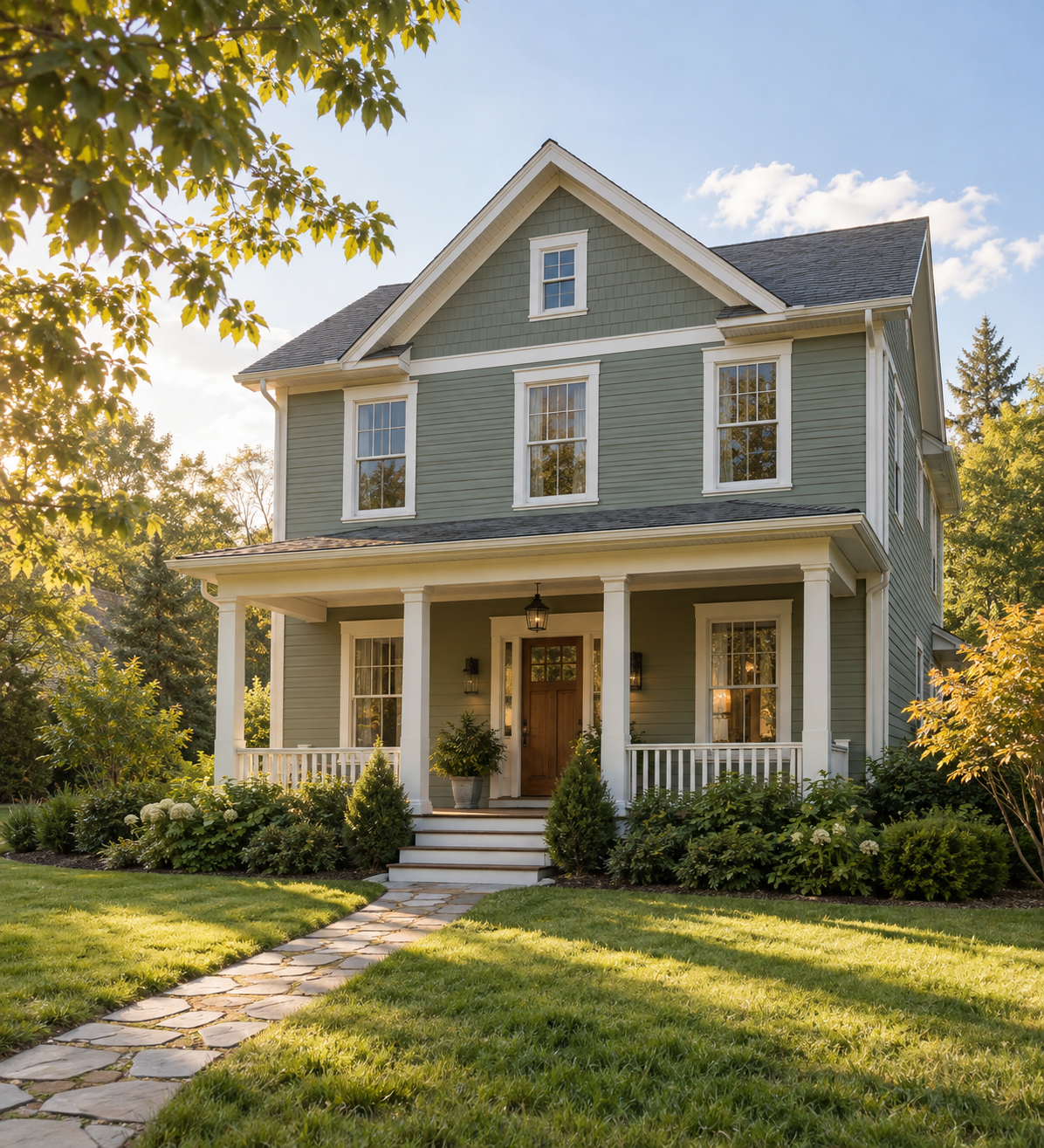 A welcoming sage-green home with a covered front porch