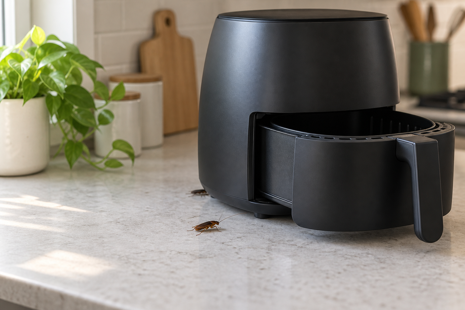 A countertop air fryer with two cockroaches nearby